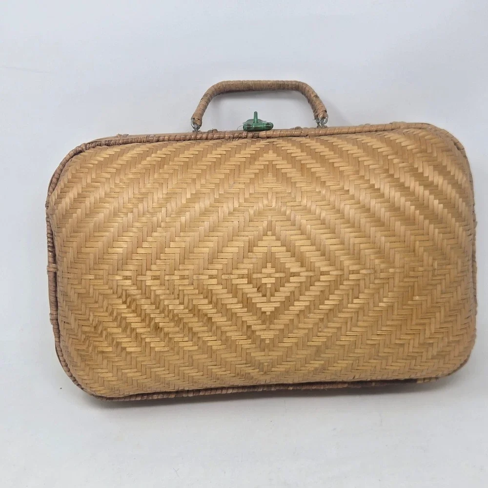 Vintage Woven Bamboo‎ Purse Diamond Pattern Picnic Basket Boho Weave Tan 12in